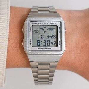 Silver Digital Map Retro Watch